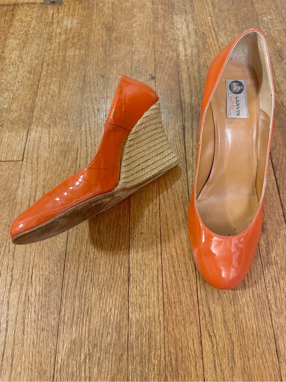 Lanvin Orange Patent Espadrille Wedge Pumps - Braided Jute Heel - 41